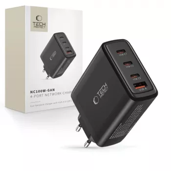 Tech-Protect NC100W-GAN 4-porttinen musta GaN-verkkolaturi 100W USB-C