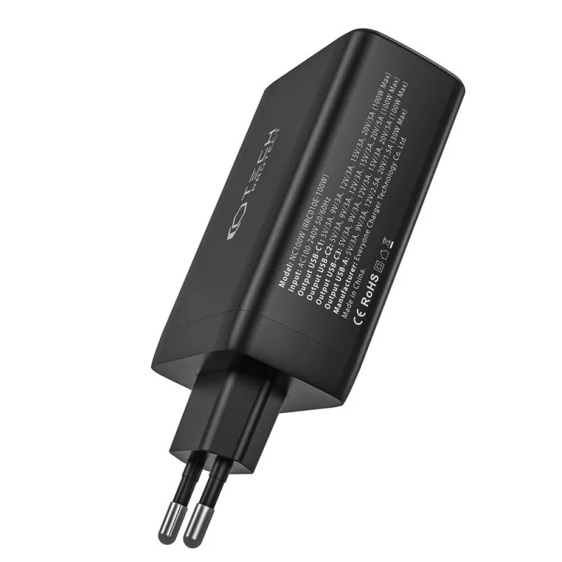 Tech-Protect NC100W-GAN 4-porttinen musta GaN-verkkolaturi 100W USB-C