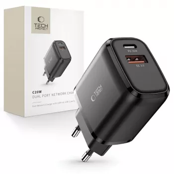 TECH-PROTECT C20W 2-porttinen verkkolaturi PD20W/QC3.0 musta
