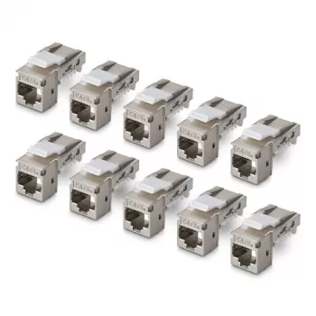StarTech.com Shielded Cat6a Keystone Jack -moduuli 10 kpl:n pakkaus RJ45 Ethernet naaras, STP, 90 asteen kulma, työkaluton, hopea, 10GBase-T