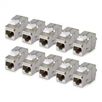 StarTech.com suojattu Cat6a Keystone Jack -moduuli, 10 kpl:n pakkaus RJ45 Ethernet -liitin, STP Cat6a seinärasia, 180 astetta, työkaluton, litteä, hopea