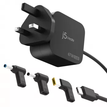 J5CREATE 67W GaN PD USB-C mini-laturi 3 eri DC-pistokkeella