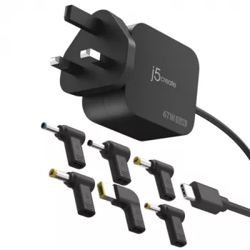 J5CREATE 67W GaN PD USB-C mini-laturi UK-pistokkeella ja 6 DC-liitännällä