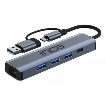 INCA Hub IUTP-5T USB-C/A 3x USB-A 3.0 / RJ45 5 Gbit/s harmaa