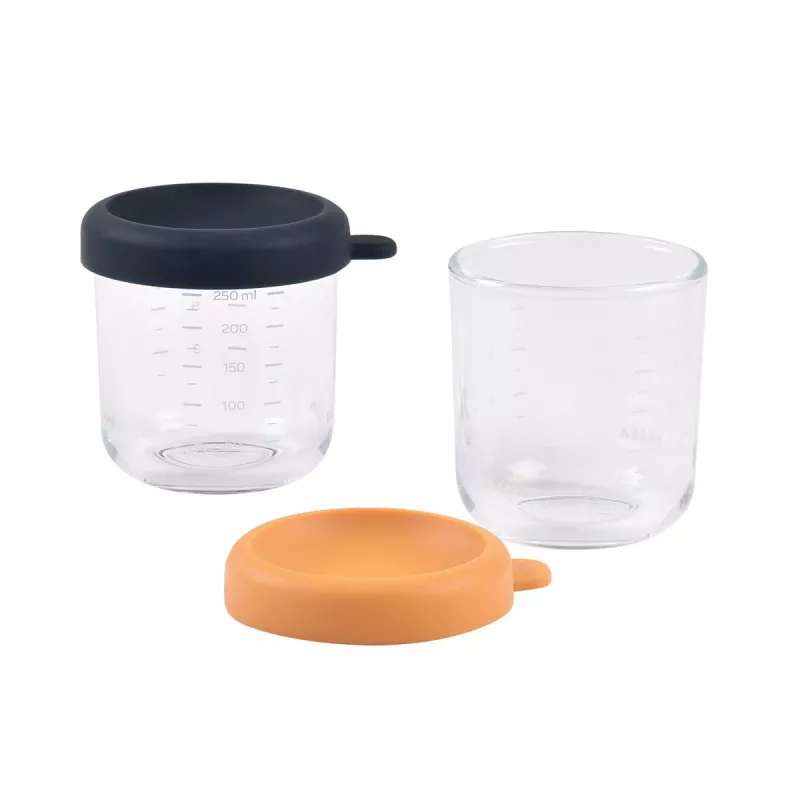 BEABA lasipurkkisetti kansilla 2 x 250 ml Night Blue/Honey