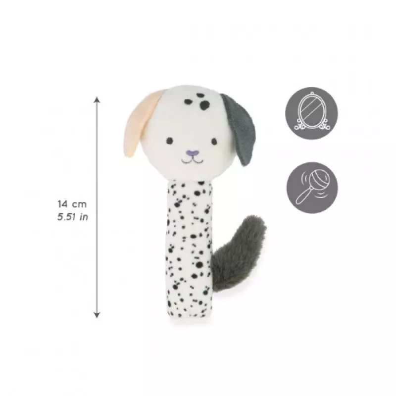 Kaloo Stimuli pehmeä helistinlelu turvallisella peilillä - pentu
