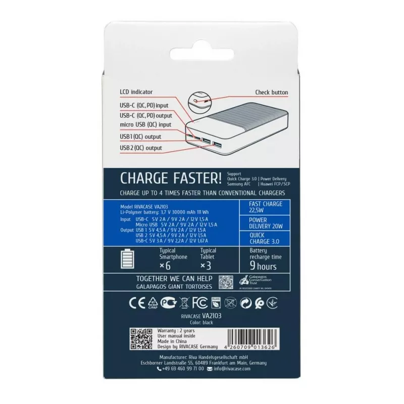 Rivacase VA2103 varavirtalähde 30000 mAh 22.5W musta