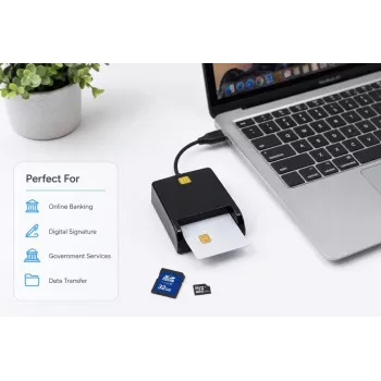iLike 4-in-1 USB-kortinlukija SIM-, SD- ja microSD-tuella, CAC-kortinlukija henkilökorteille, pankkikorteille, eID:lle ja muistikorteille, musta