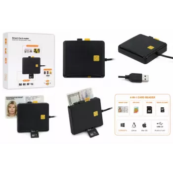 iLike 4-in-1 USB-kortinlukija SIM-, SD- ja microSD-tuella, CAC-kortinlukija henkilökorteille, pankkikorteille, eID:lle ja muistikorteille, musta