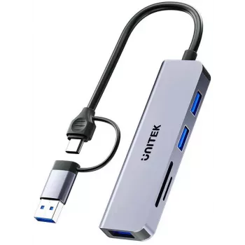 UNITEK 5-in-1 USB-C -keskitin SD- ja MicroSD-kortinlukijalla, 5 Gbit/s, Space Grey