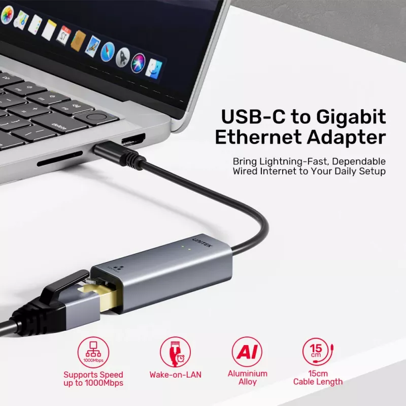 UNITEK USB-C Gigabit Ethernet -adapteri 1Gbps - Space Gray