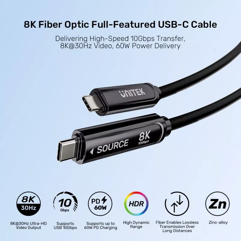 UNITEK USB-C Active Optical Cable 15 m - 10Gbps, PD60W, 8K@30Hz, musta