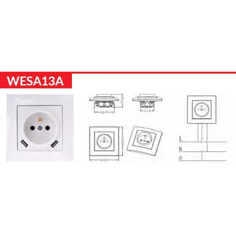 VCX WESA LC 13A yksittäispistorasia USB-laturilla valkoinen