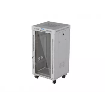 LANBERG 19 tuuman 22U pystykaappi 600x600 mm harmaa karkaistulla lasiovella ja LCD-näytöllä (Flat Pack)
