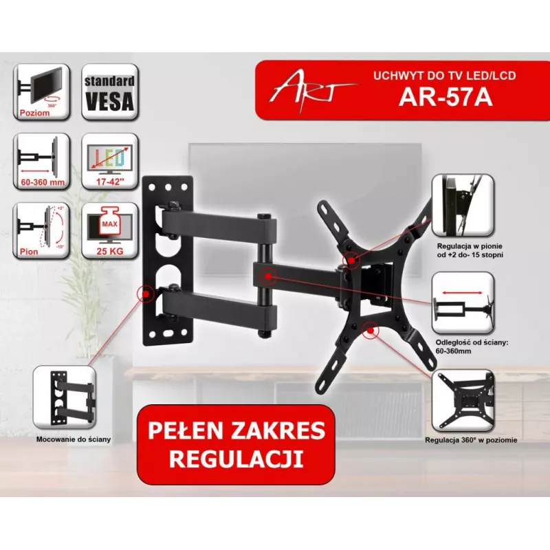 ART AR-57A kiinteä TV-seinäteline LED/LCD 17-42 tuumaa musta