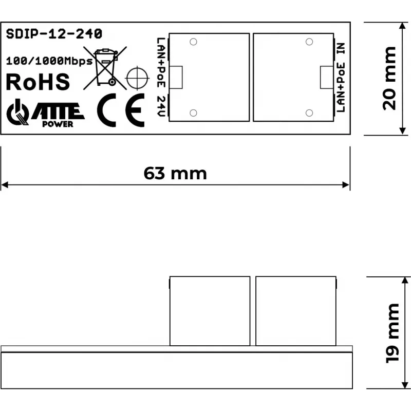 ATTE SDIP-12-240 PoE+-adapteri 30W DIN-kisko Gigabit