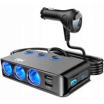 MBG Line HC67C kaksinkertainen savukkeensytyttimen jakaja 3 USB-A-liitännällä, 120 W, musta