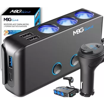 MBG Line HC67C kaksinkertainen savukkeensytyttimen jakaja 3 USB-A-liitännällä, 120 W, musta
