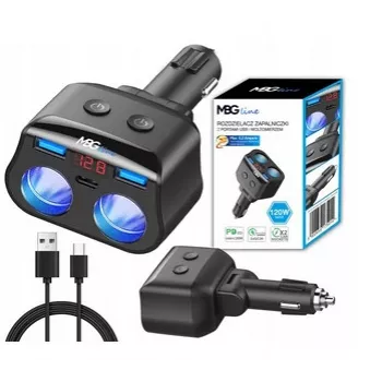 MBG Line HC69PD 3-kertainen savukkeensytyttimen jakaja 2x USB-C PD 30W ja 2x USB-A QC 3.0, LED-jännitenäyttö, 180W