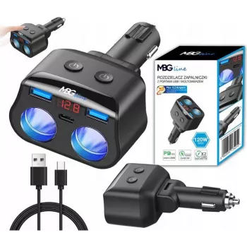 MBG Line HC69PD 3-kertainen savukkeensytyttimen jakaja 2x USB-C PD 30W ja 2x USB-A QC 3.0, LED-jännitenäyttö, 180W