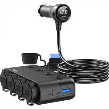 MBG Line HS75AD savukkeensytyttimen jakaja 2 pistorasialla ja 3 USB-liitännällä, 75 cm kaapeli, musta