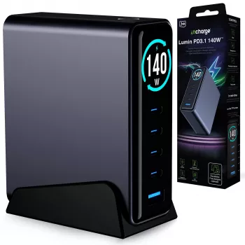 3mk InCharge pöytälaturi Lumin PD3.2 140W QC5 PPS AFC FCP SCP 1A4C TFT GaN3 näyttö musta