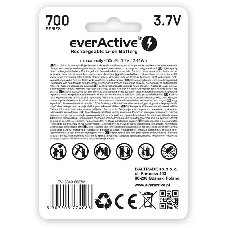 EVERACTIVE 16340 3.7V 700mAh ladattava Li-Ion-akku suojapiirillä (1 kpl)