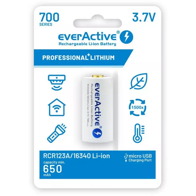EVERACTIVE 16340 3.7V 700mAh ladattava Li-Ion-akku suojapiirillä (1 kpl)