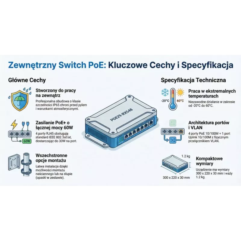 GETFORT GF-410-FU-PO ulko-PoE-kytkin 4 PoE-porttia + 1 uplink, 65W, IP65