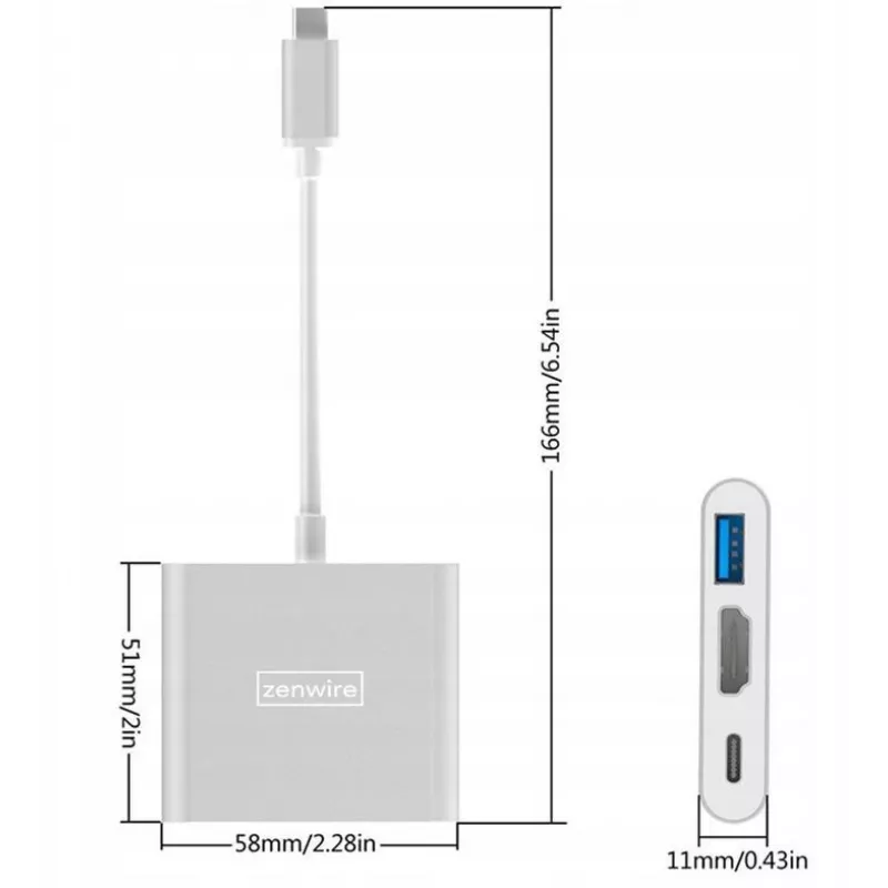 ZENWIRE BYL-2008N 3-in-1 MHL-keskitin USB-C–HDMI 4K-sovitin, Space Gray