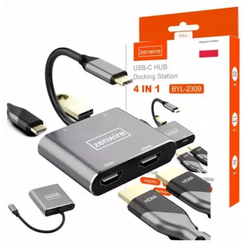 ZENWIRE USB-C-keskitin 4-in-1 sovitin 2x HDMI 4K USB 3.0 Space Gray BYL-2309
