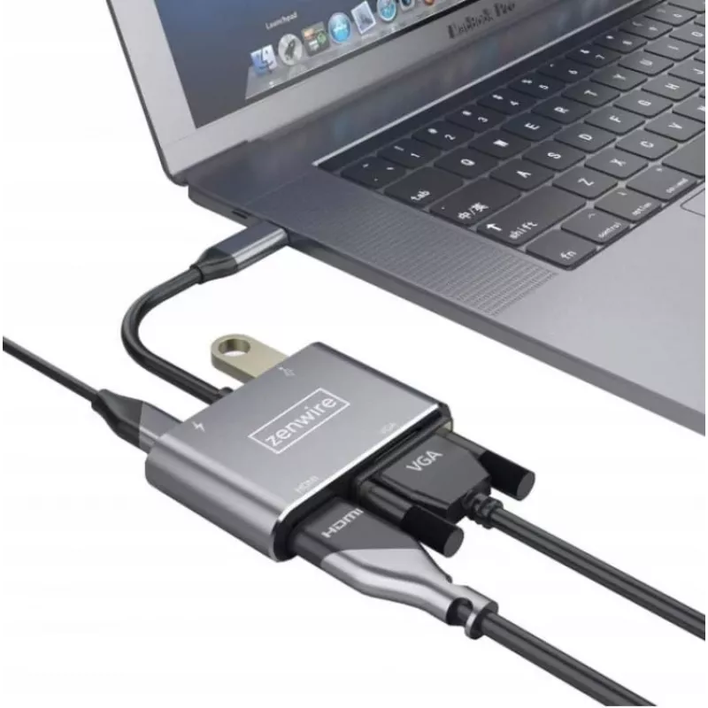 ZENWIRE USB-C-moniporttisovitin keskitin 4-in-1 HDMI 4K VGA USB-A Space Gray BYL-2310