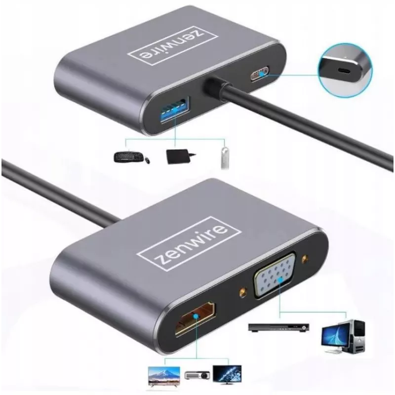 ZENWIRE USB-C-moniporttisovitin keskitin 4-in-1 HDMI 4K VGA USB-A Space Gray BYL-2310
