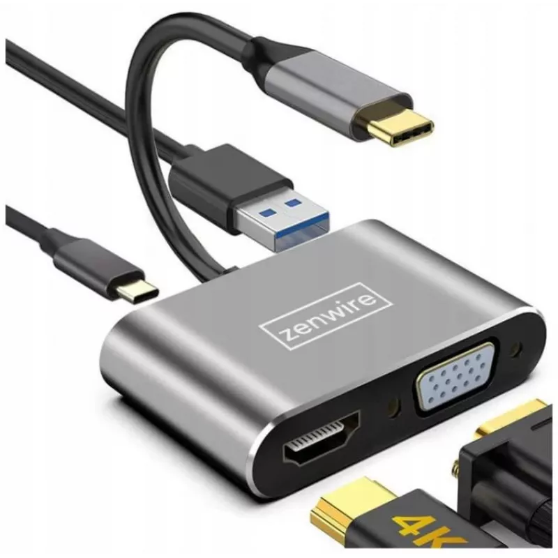 ZENWIRE USB-C-moniporttisovitin keskitin 4-in-1 HDMI 4K VGA USB-A Space Gray BYL-2310