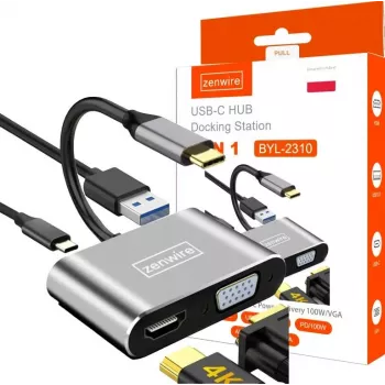 ZENWIRE USB-C-moniporttisovitin keskitin 4-in-1 HDMI 4K VGA USB-A Space Gray BYL-2310