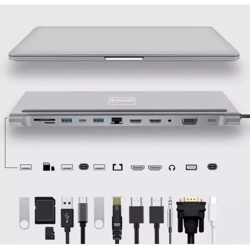ZENWIRE USB-C-keskitin sovitin 12-in-1 telakointiasema 2x HDMI 4K Ethernet RJ45 USB 3.0 BYL-2211