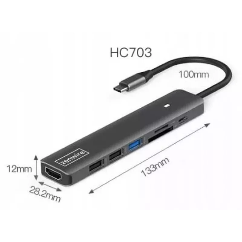 ZENWIRE BS-HC703 USB-C 7-in-1 hubisovitin HDMI 4K, USB 3.0, SD, PD