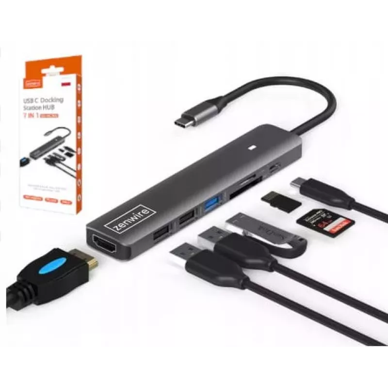 ZENWIRE BS-HC703 USB-C 7-in-1 hubisovitin HDMI 4K, USB 3.0, SD, PD