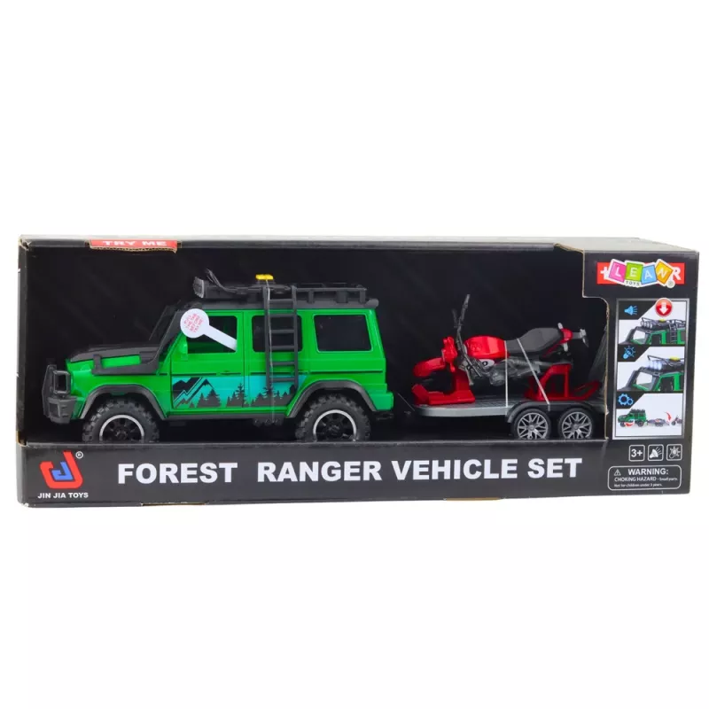 LEAN TOYS offroad-ajoneuvosetti hinausautolla ja moottoripyörällä, valo ja ääni, vihreä