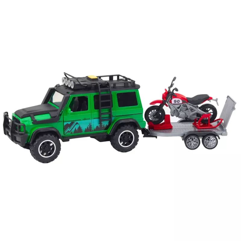 LEAN TOYS offroad-ajoneuvosetti hinausautolla ja moottoripyörällä, valo ja ääni, vihreä