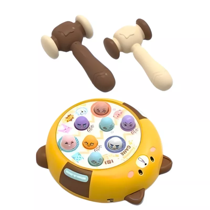 LEAN TOYS Whack-A-Mole taitopeli kahdella vasaralla, kissanpentu keltainen ruskea