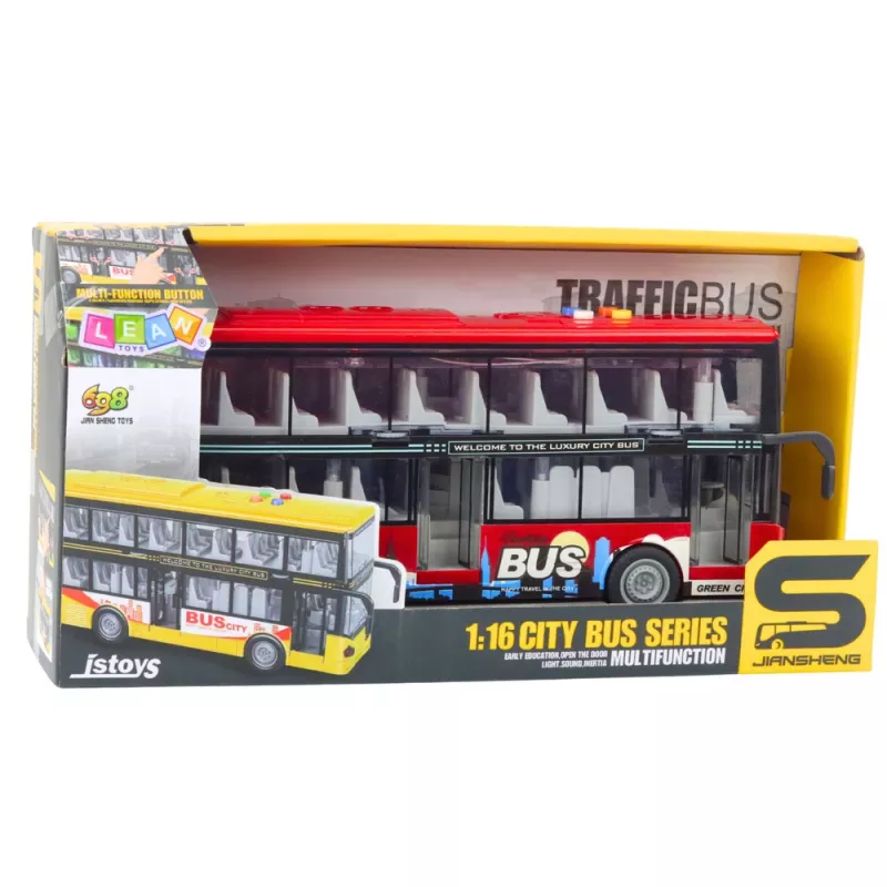 LEAN TOYS kaupunkibussi kaksikerroksinen 1:16 veto valot äänet punainen