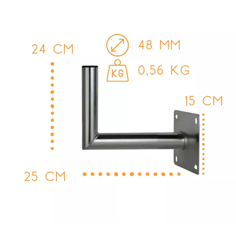 CORAB USL-48/250AL kulma-seinäteline 48mm mastolle, 250mm ulottuma, alumiini, hopea