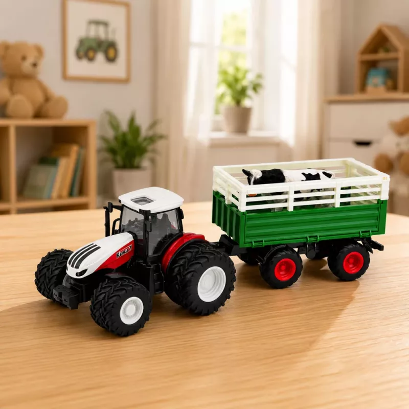 LEAN TOYS kauko-ohjattava RC traktori perävaunulla ja lehmäfiguurilla 1:24