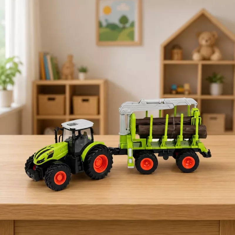 LEAN TOYS RC-kauko-ohjattava traktori metsäperävaunulla ja puukouralla 1:24