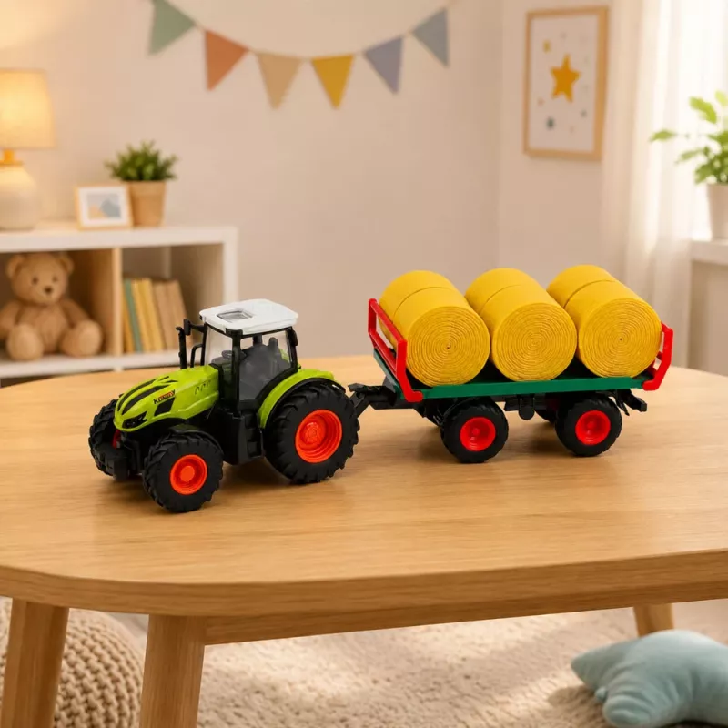 LEAN TOYS kauko-ohjattava RC-traktori heinäpaaliperävaunulla ja valaistuksella 1:24