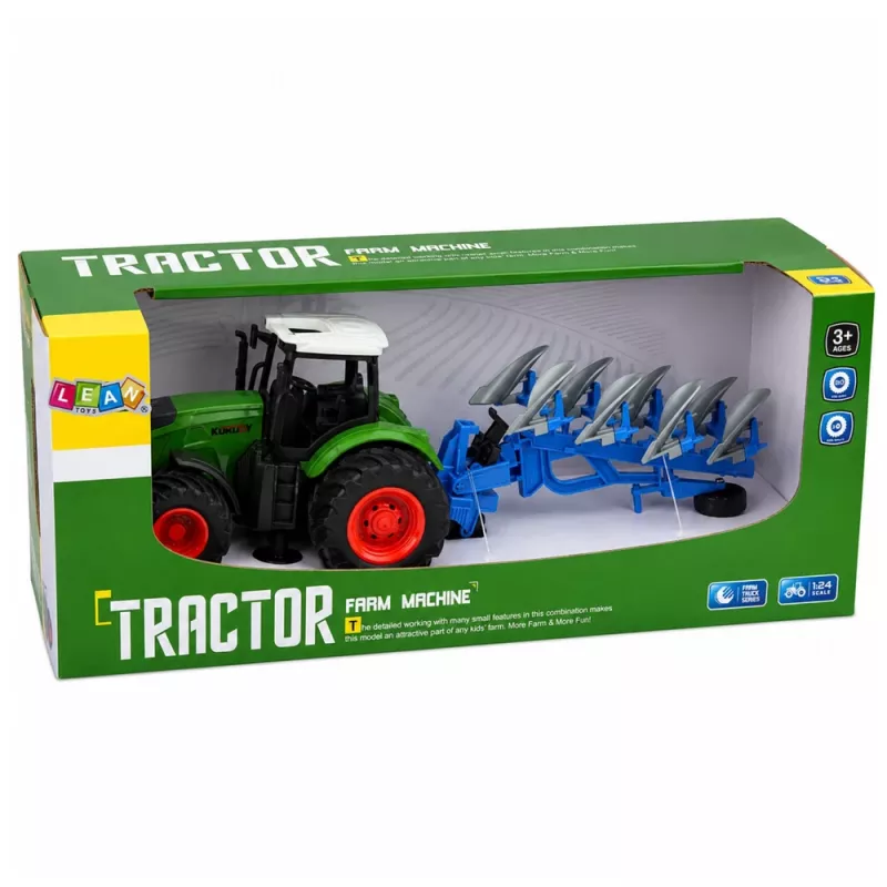 LEAN TOYS maataloustraktori kaksisiipisellä auralla, kumirenkaat, vihreä, 1:24