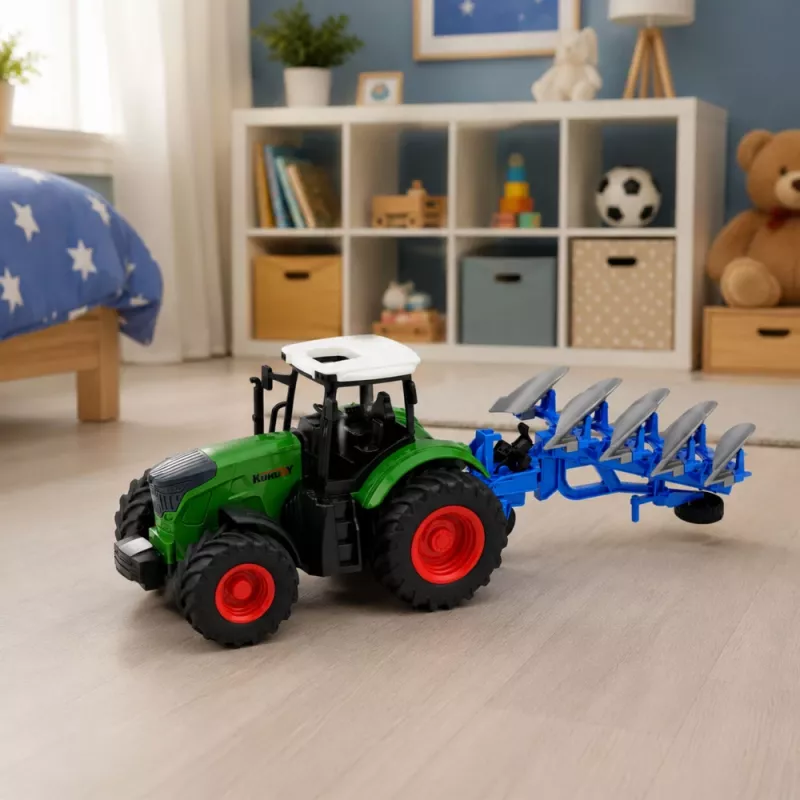 LEAN TOYS maataloustraktori kaksisiipisellä auralla, kumirenkaat, vihreä, 1:24