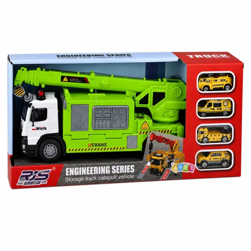 LEAN TOYS kuorma-auto nosturilla ja ajoneuvokuljettimella valo ääni vihreä