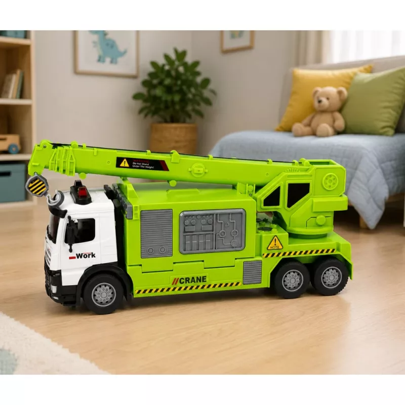 LEAN TOYS kuorma-auto nosturilla ja ajoneuvokuljettimella valo ääni vihreä